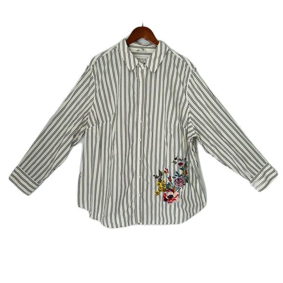 Ava & Viv Button Down Top Women 3X Cream Gray Stripe Embroider Floral Western - Picture 1 of 13